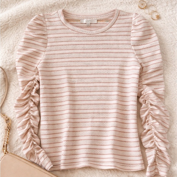LOFT Tops - LOFT Pink Striped Pointelle Ruched Sleeve Top Medium